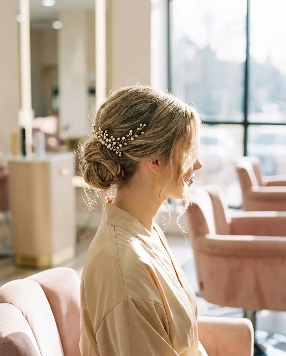 Coafură de mireasă cu accesoriu perlat — Salon Lumière